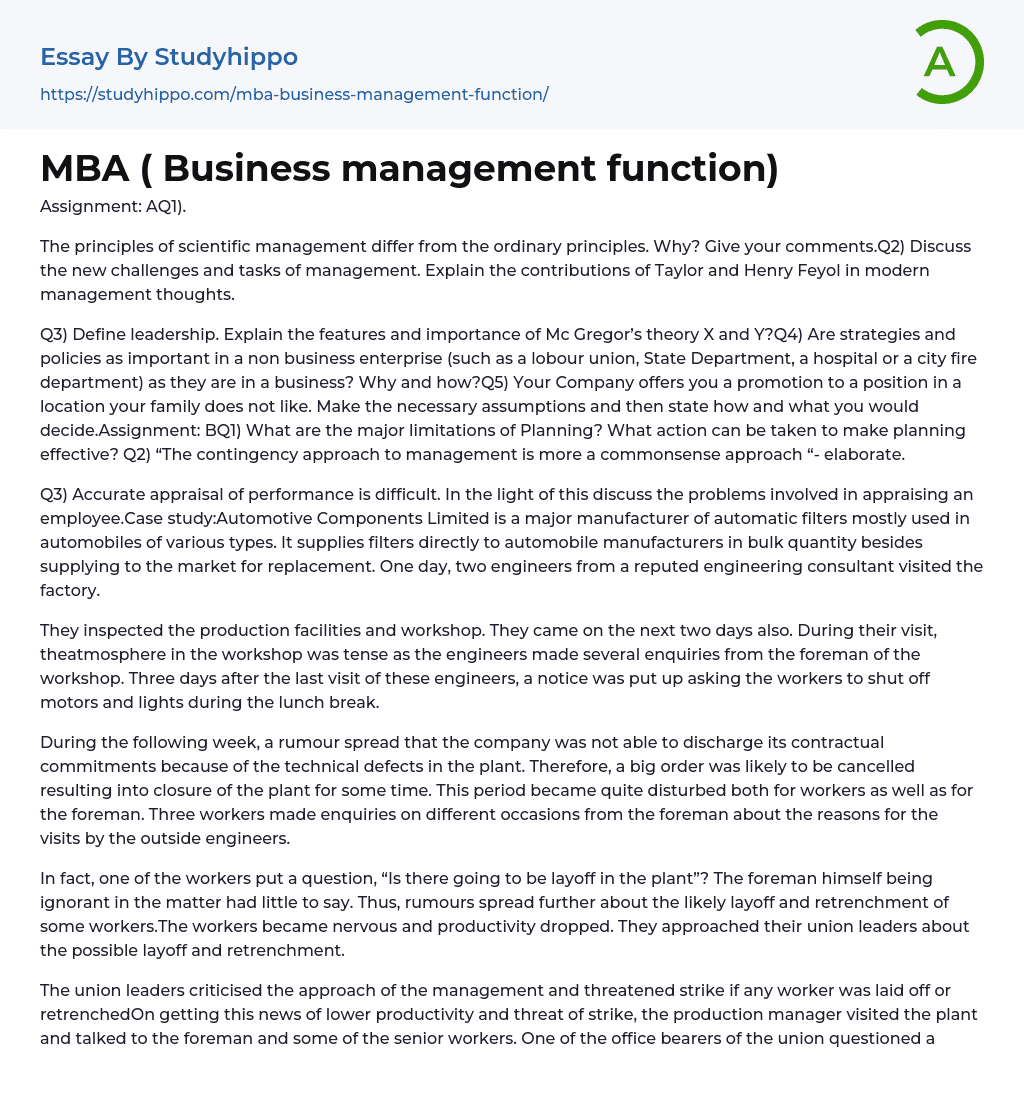 MBA ( Business management function) Essay Example