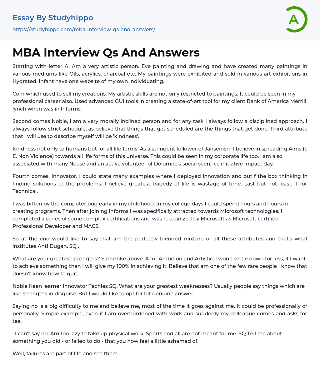 MBA Interview Qs And Answers Essay Example