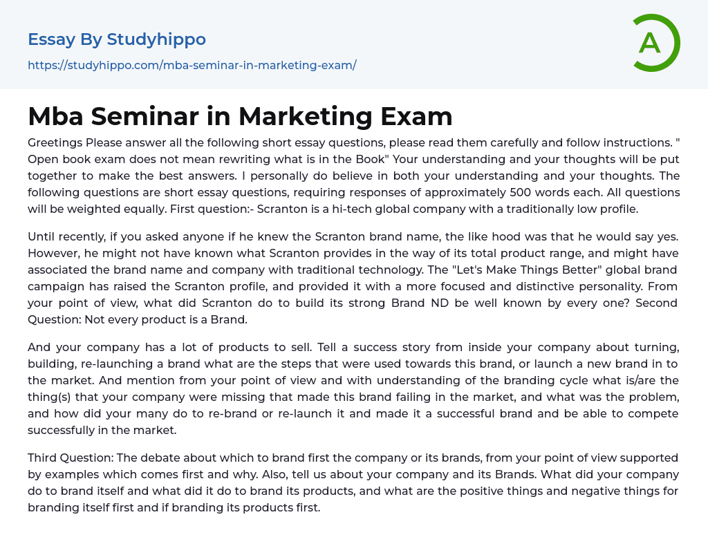 Mba Seminar in Marketing Exam Essay Example