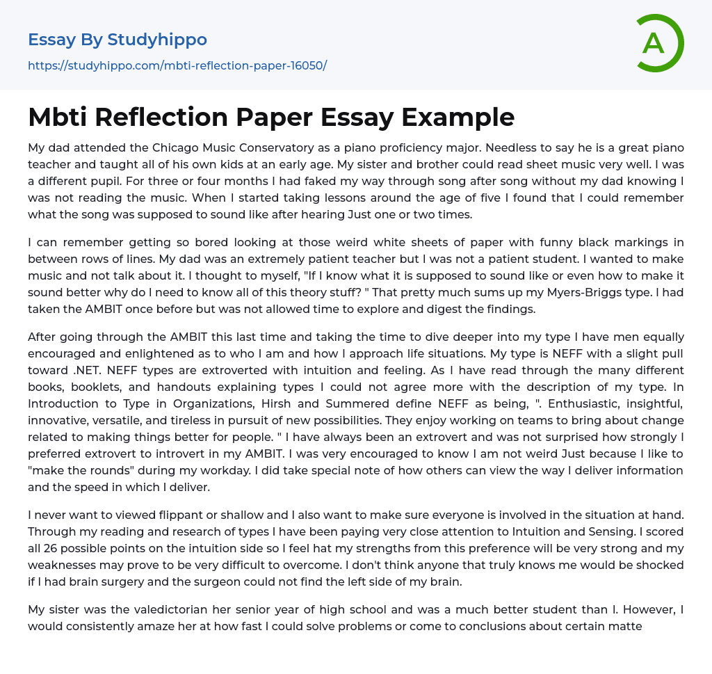 Mbti Reflection Paper Essay Example