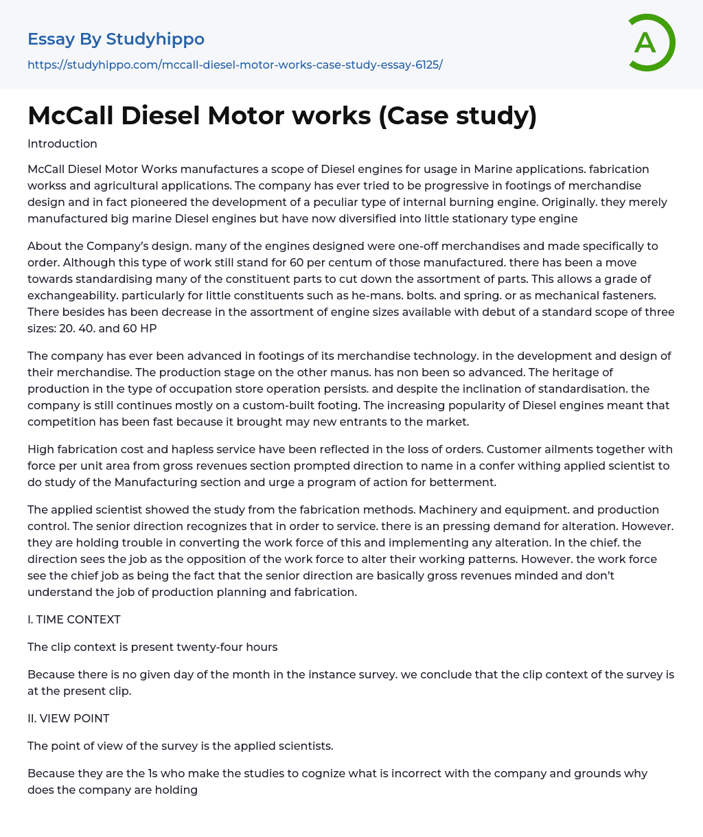 McCall Diesel Motor works (Case study) Essay Example