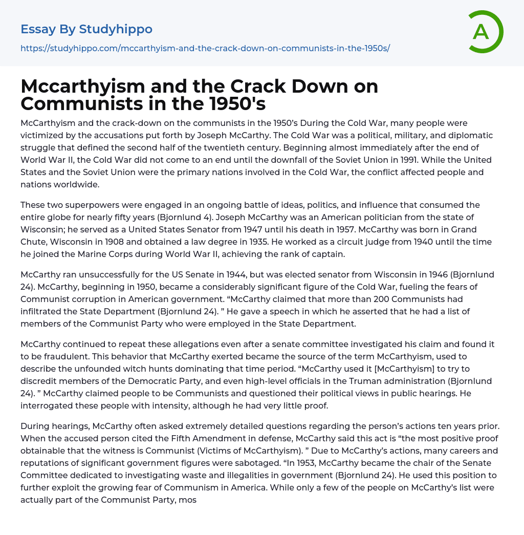 Mccarthyism and the Crack Down on Communists in the 1950’s Essay Example