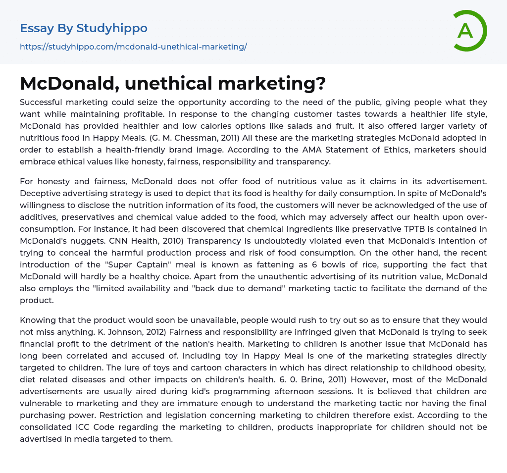 McDonald, unethical marketing? Essay Example