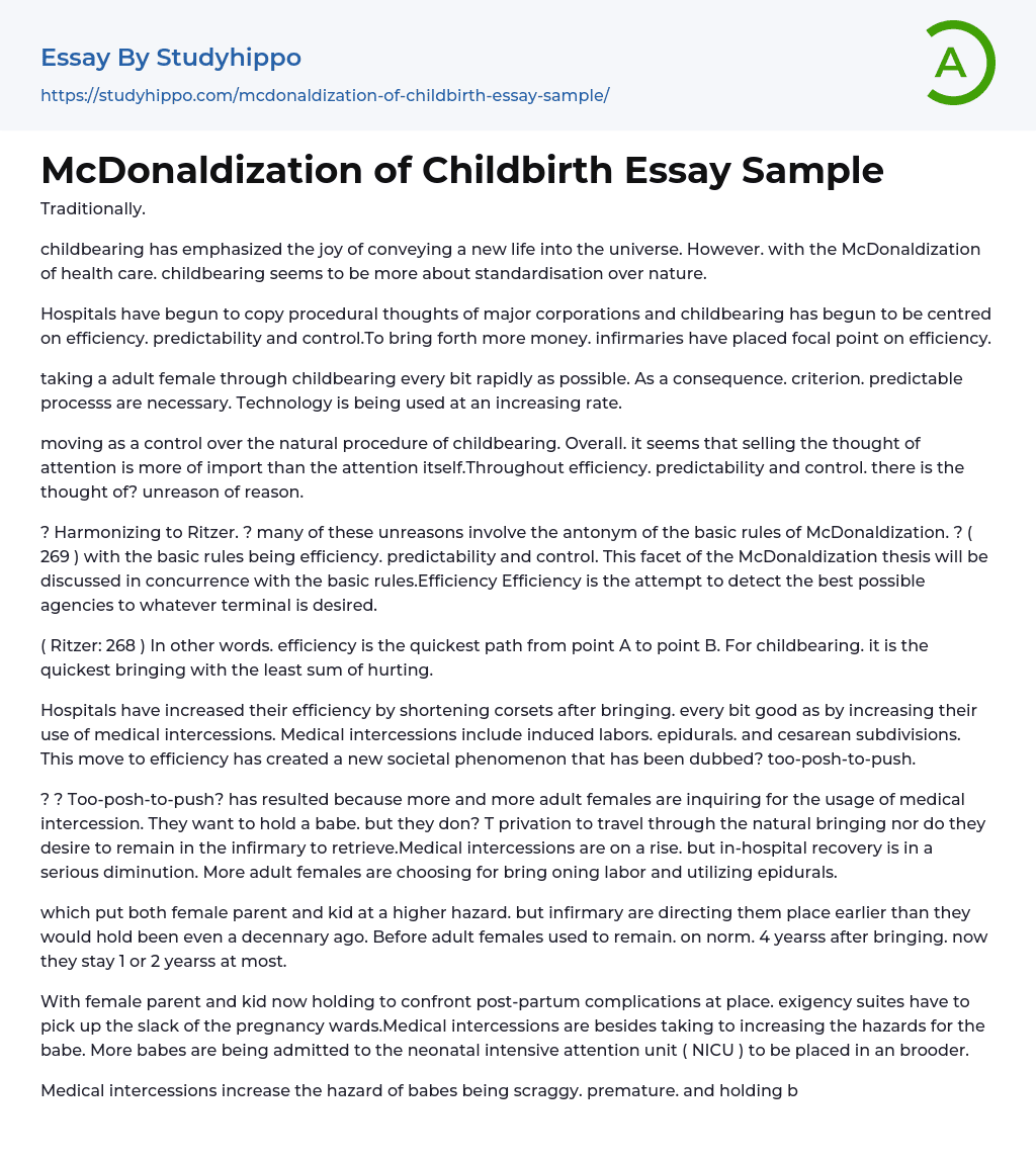 McDonaldization of Childbirth Essay Sample