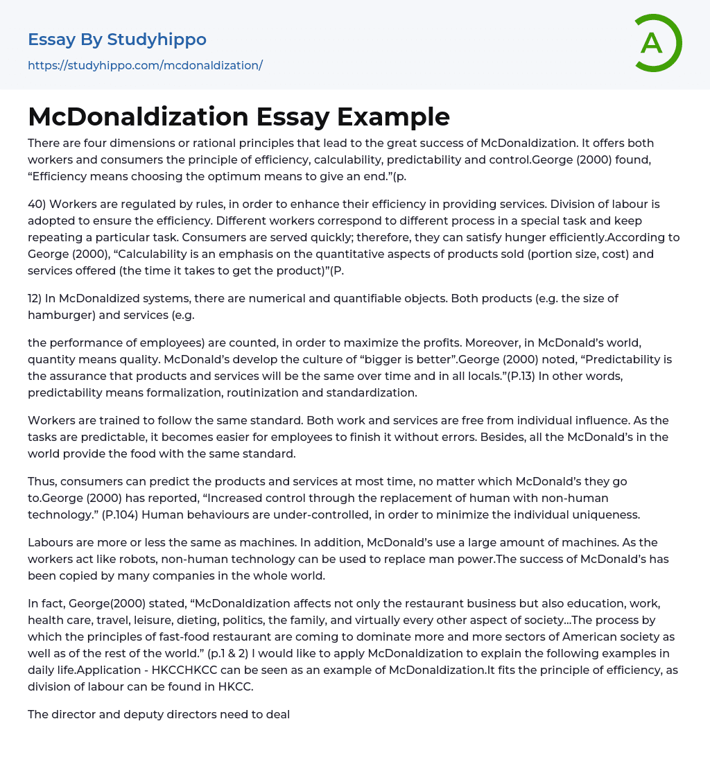 McDonaldization Essay Example