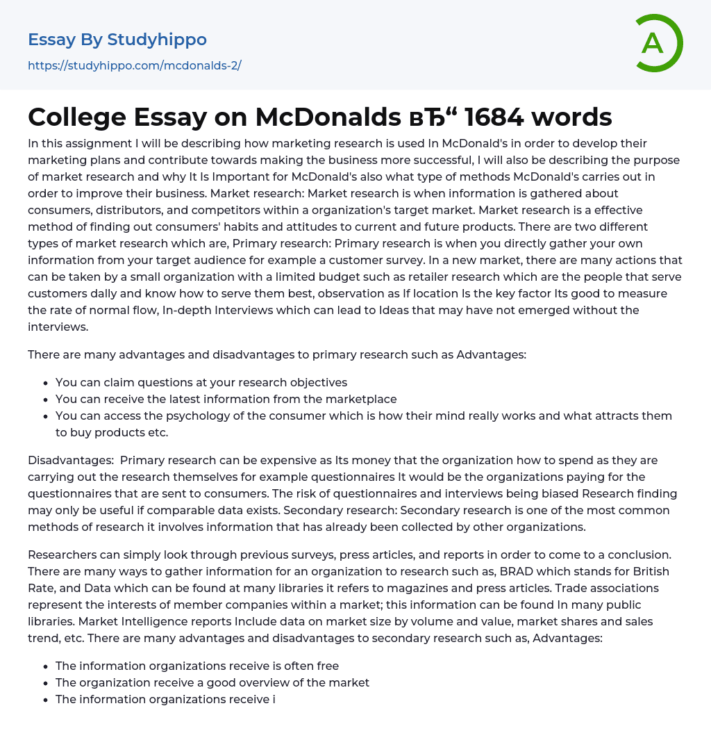 College Essay on McDonalds 1684 words