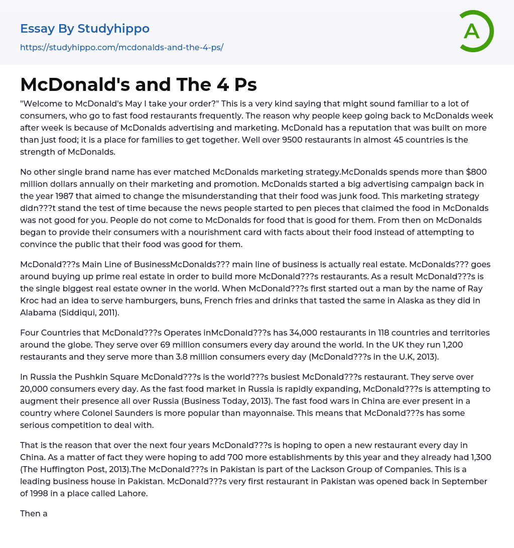 McDonald’s and The 4 Ps Essay Example