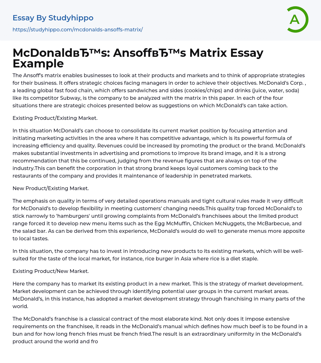 McDonald’s: Ansoff’s Matrix Essay Example
