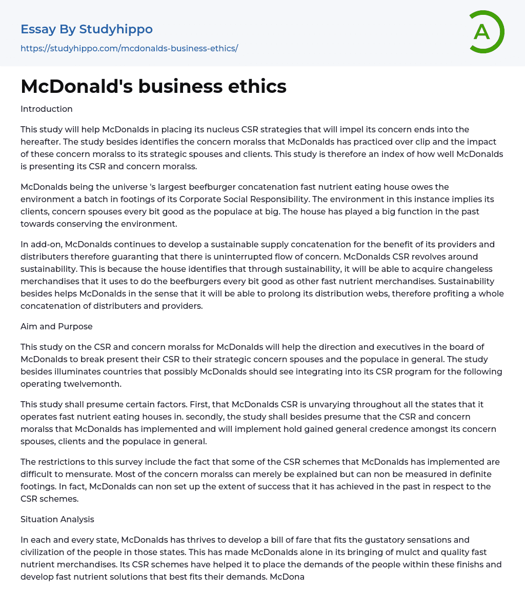 McDonald’s business ethics Essay Example