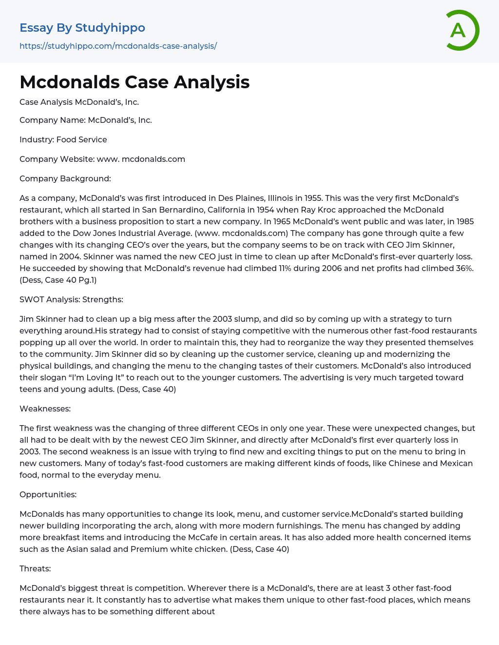 Mcdonalds Case Analysis Essay Example