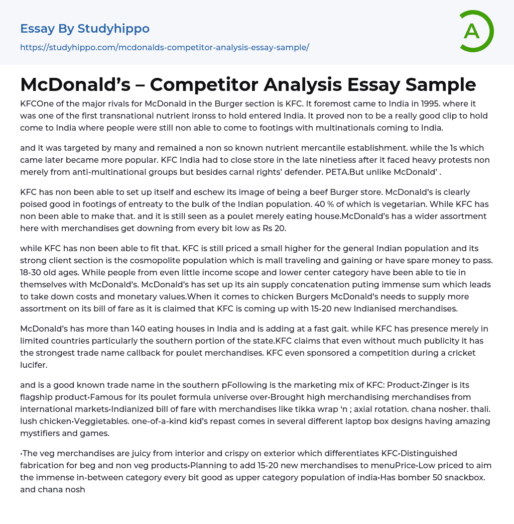 McDonald’s – Competitor Analysis Essay Sample