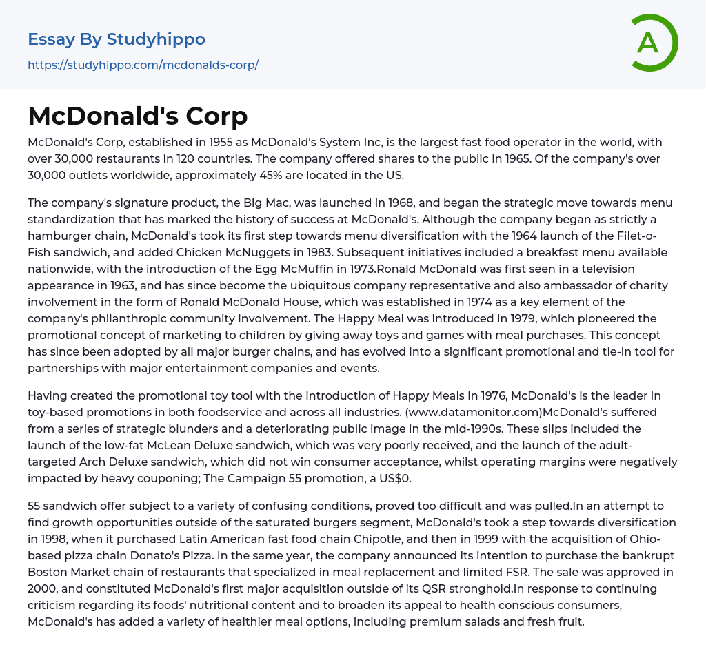 McDonald’s Corp Essay Example