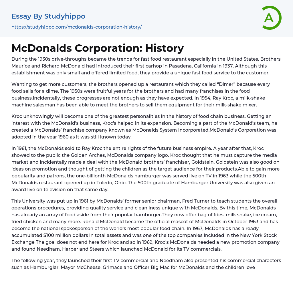 McDonalds Corporation: History Essay Example
