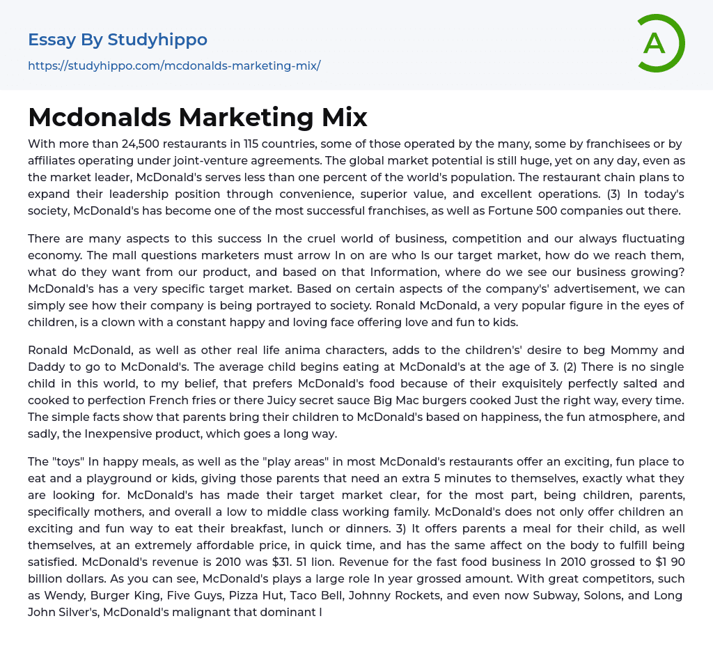 Mcdonalds Marketing Mix Essay Example