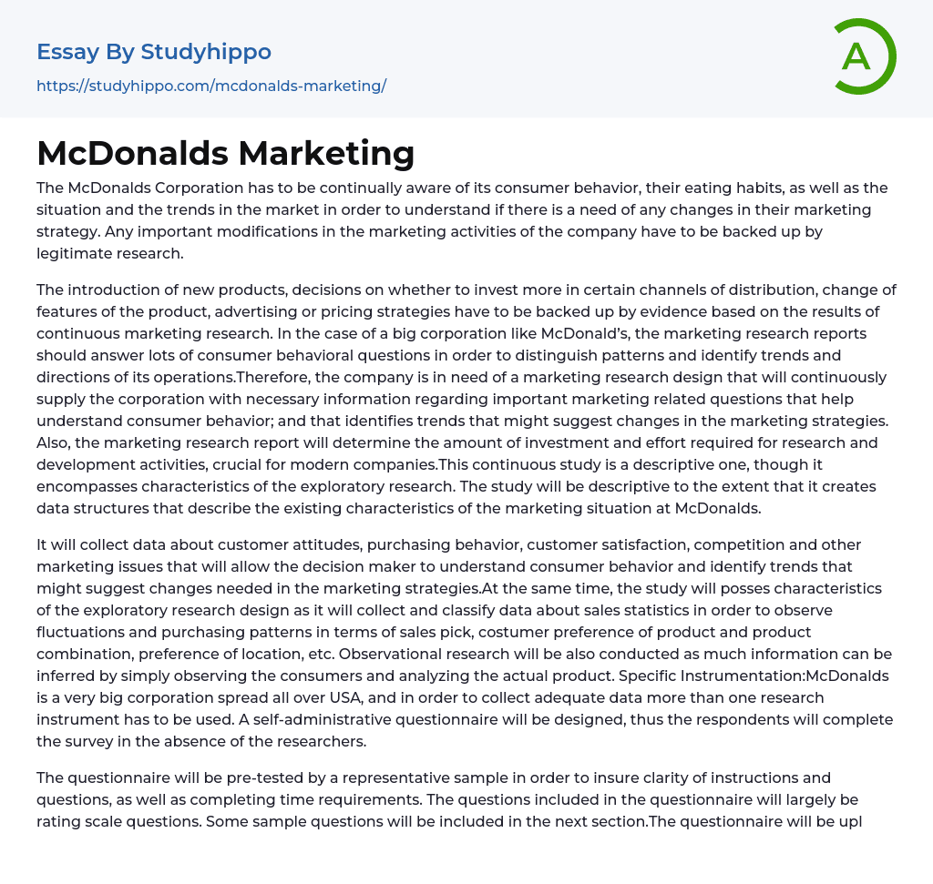 McDonalds Marketing Essay Example