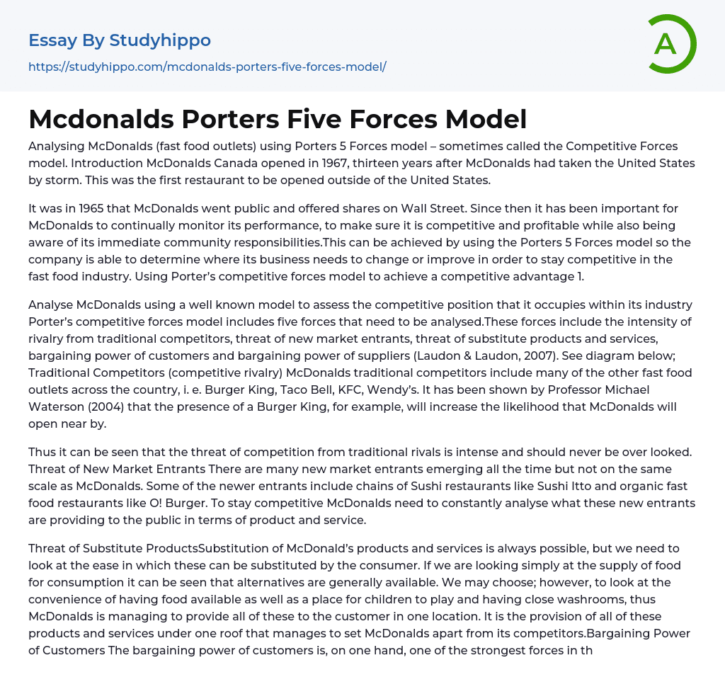 Mcdonalds Porters Five Forces Model Essay Example