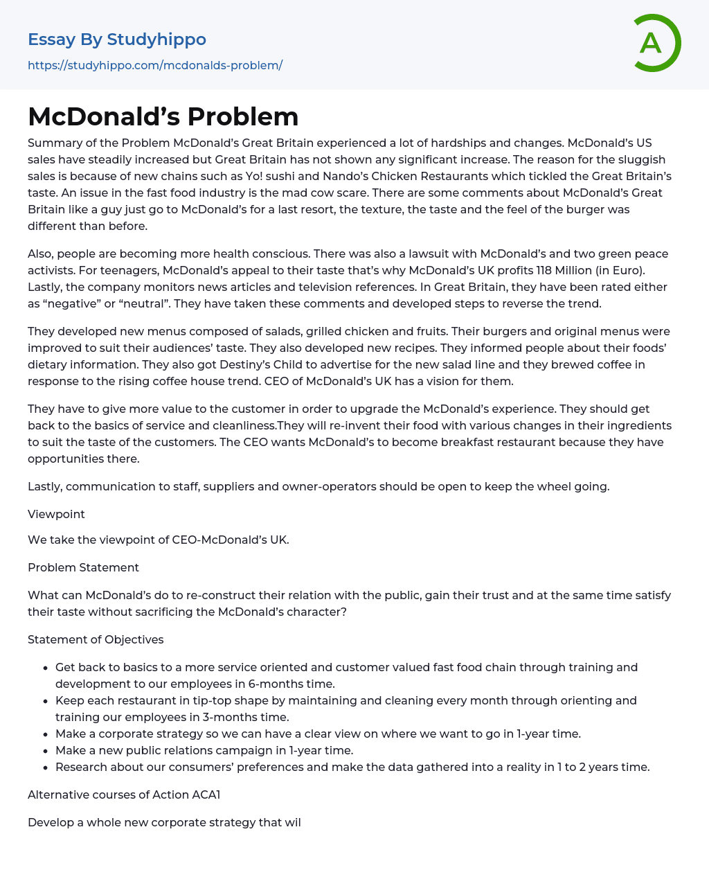 McDonald’s Problem Essay Example