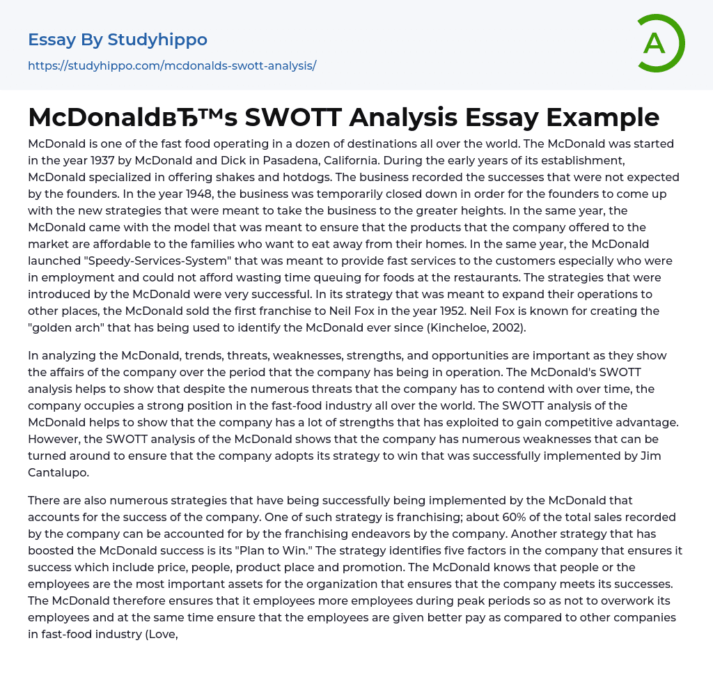 McDonald’s SWOTT Analysis Essay Example