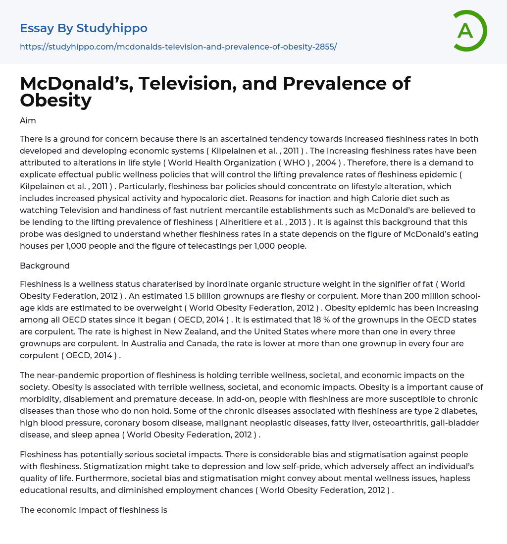 McDonald’s, Television, and Prevalence of Obesity Essay Example
