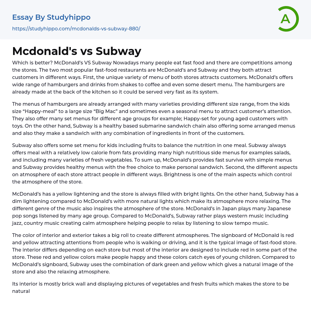 Mcdonald’s vs Subway Essay Example