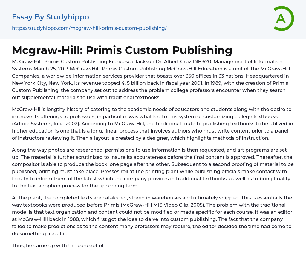 Mcgraw-Hill: Primis Custom Publishing Essay Example