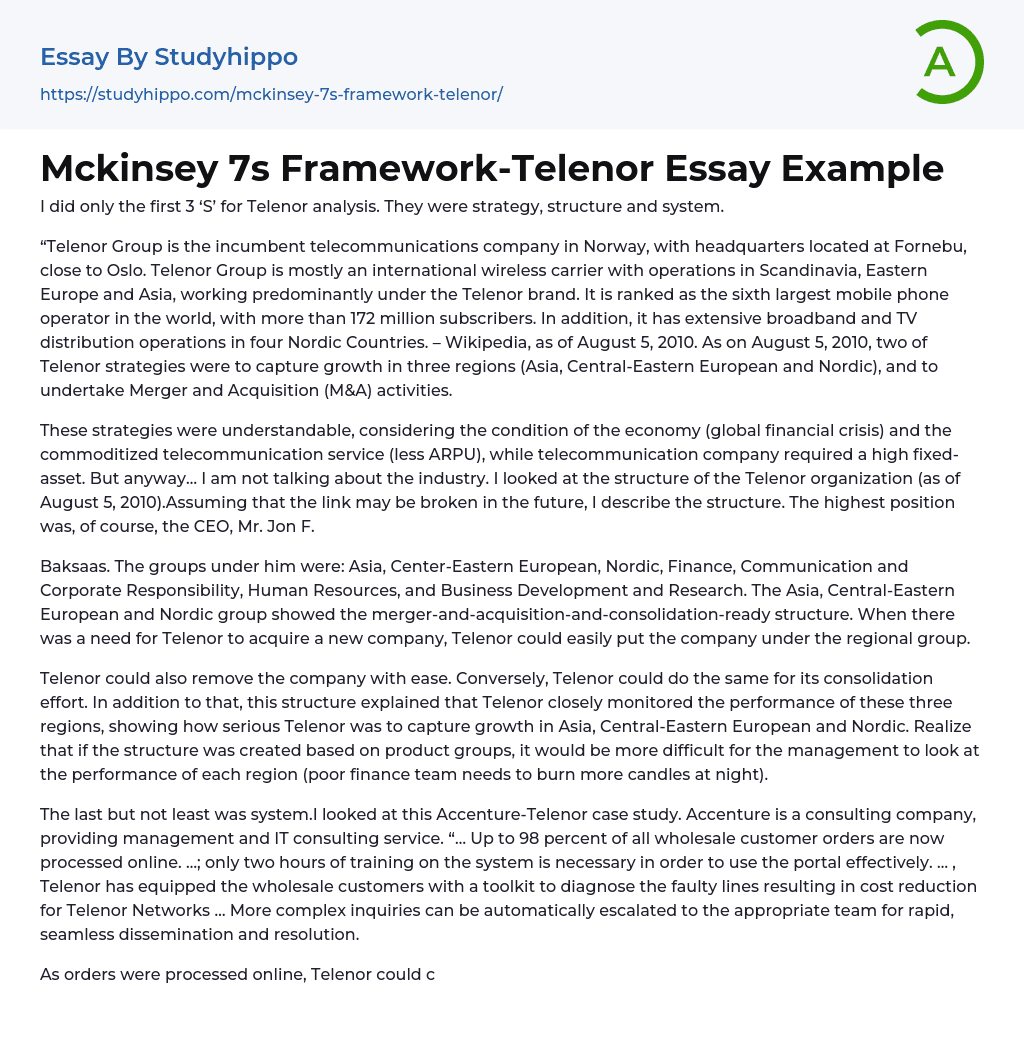 Mckinsey 7s Framework-Telenor Essay Example