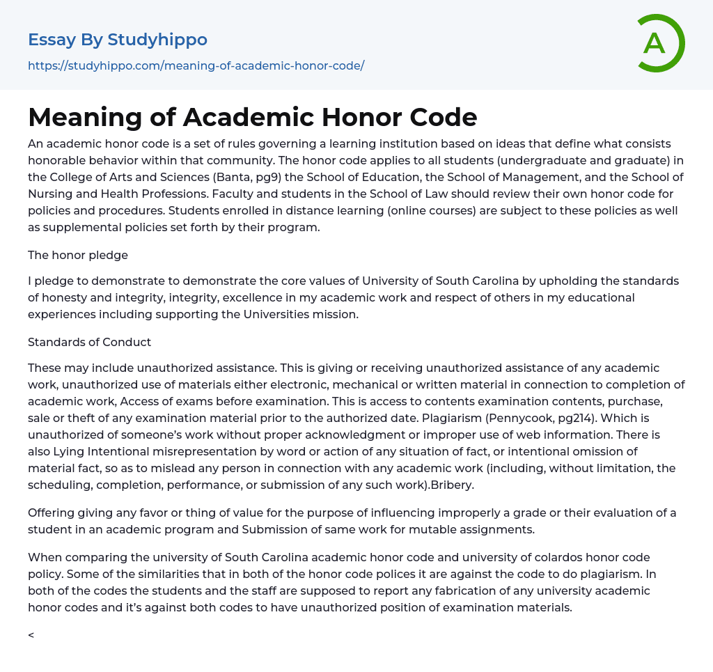 Meaning of Academic Honor Code Essay Example
