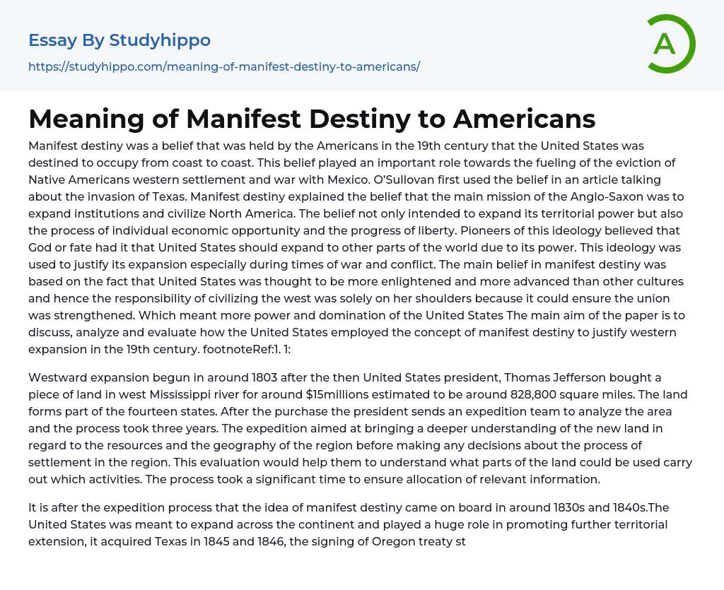 Meaning of Manifest Destiny to Americans Essay Example