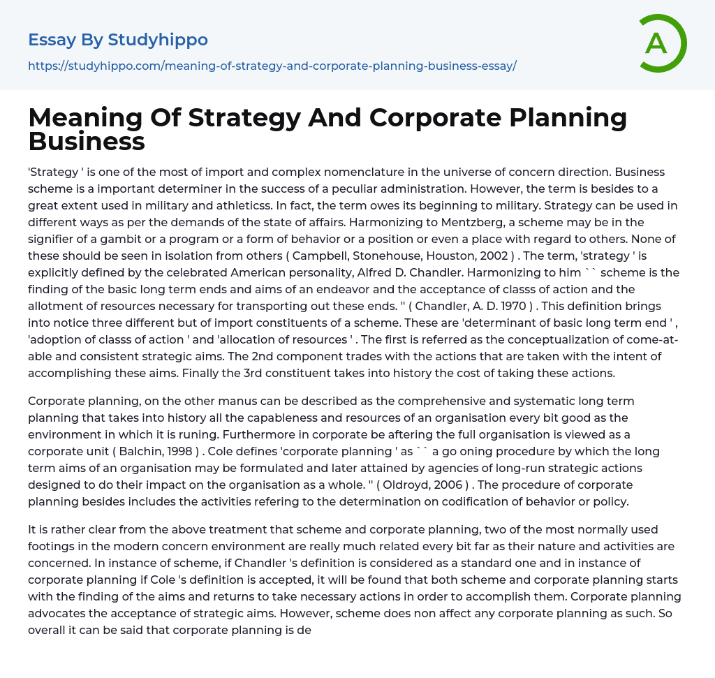 Meaning Of Strategy And Corporate Planning Business Essay Example