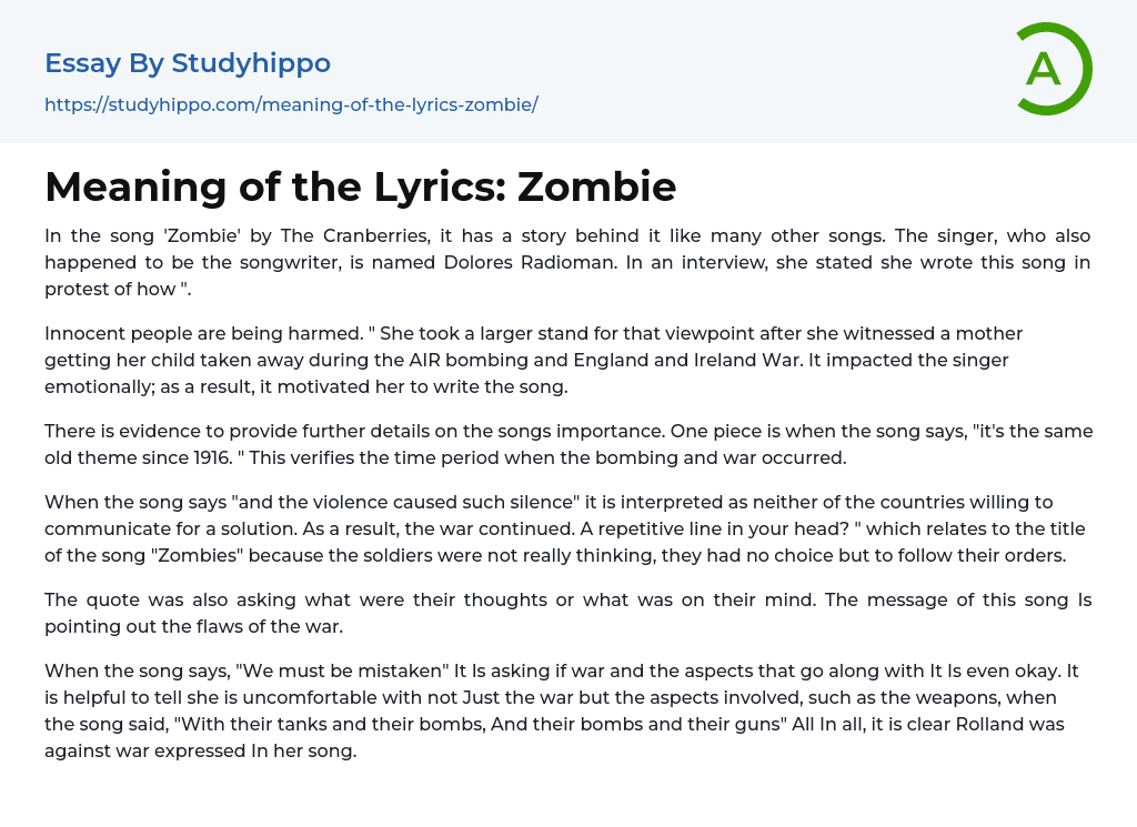 Meaning of the Lyrics: Zombie Essay Example