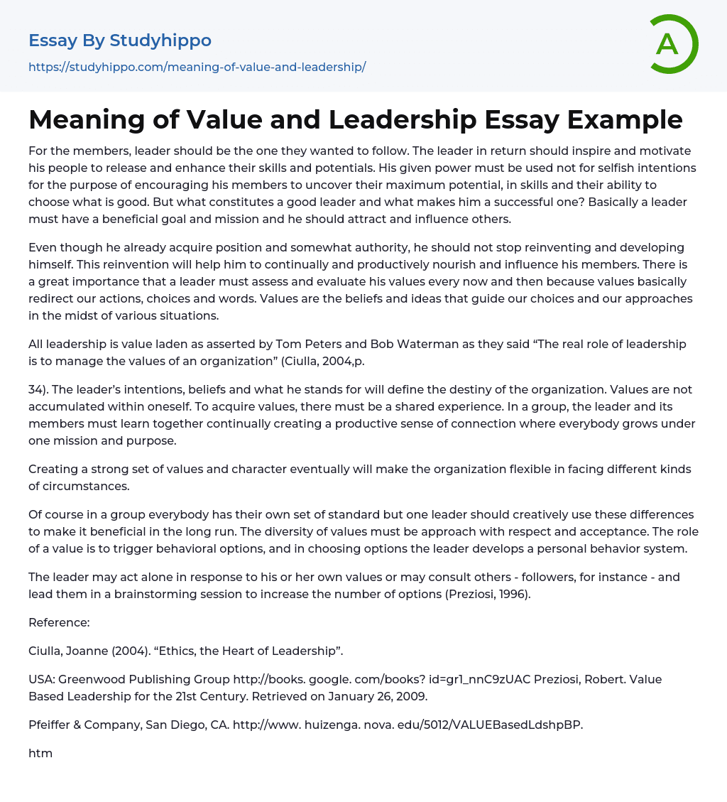 Meaning of Value and Leadership Essay Example