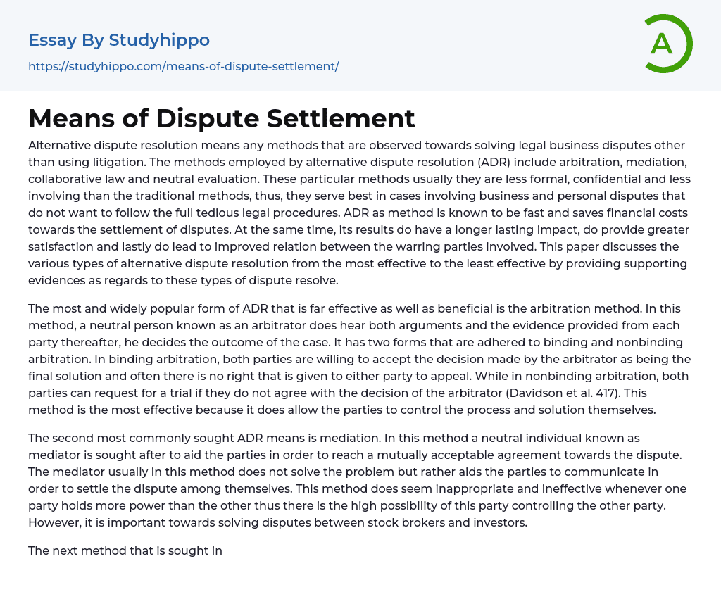 Means of Dispute Settlement Essay Example