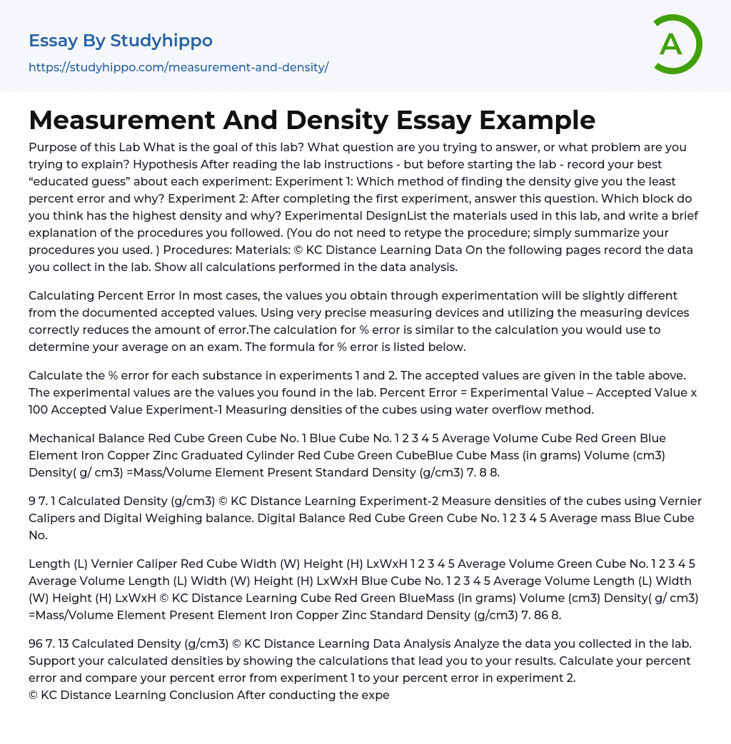 Measurement And Density Essay Example