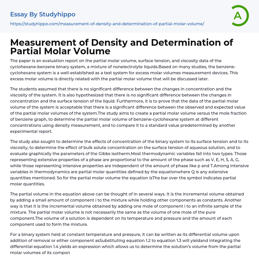 Measurement of Density and Determination of Partial Molar Volume Essay Example