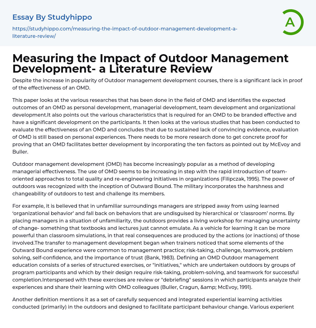 Measuring the Impact of Outdoor Management Development- a Literature Review Essay Example