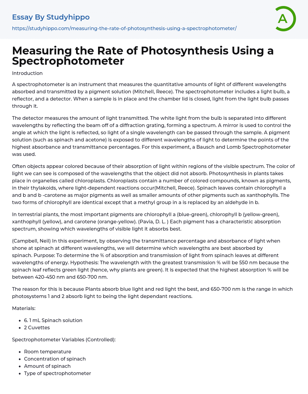 Measuring the Rate of Photosynthesis Using a Spectrophotometer Essay Example
