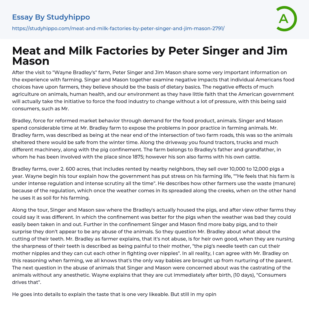 Meat and Milk Factories by Peter Singer and Jim Mason Essay Example