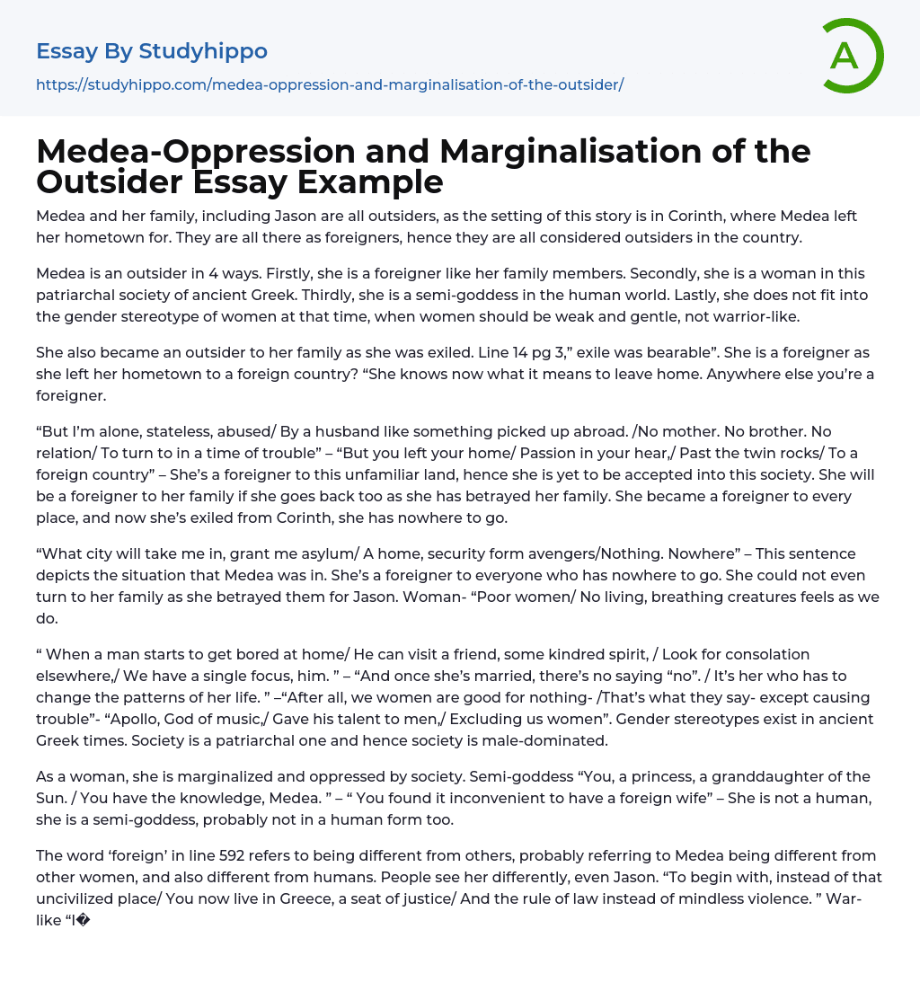 Medea-Oppression and Marginalisation of the Outsider Essay Example