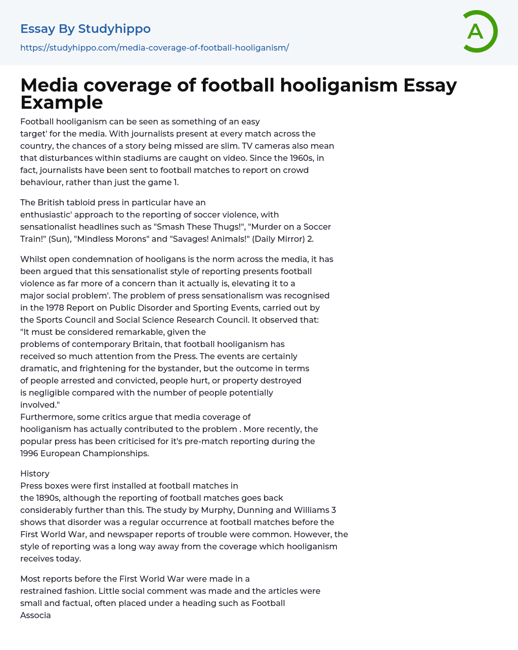 Media coverage of football hooliganism Essay Example