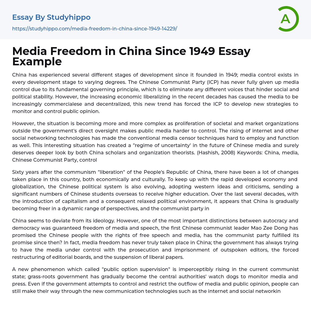 Media Freedom in China Since 1949 Essay Example