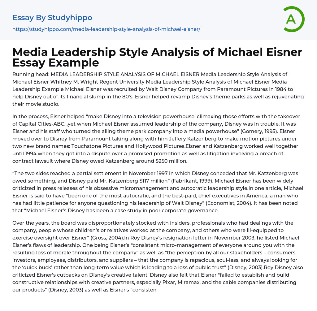 Media Leadership Style Analysis of Michael Eisner Essay Example