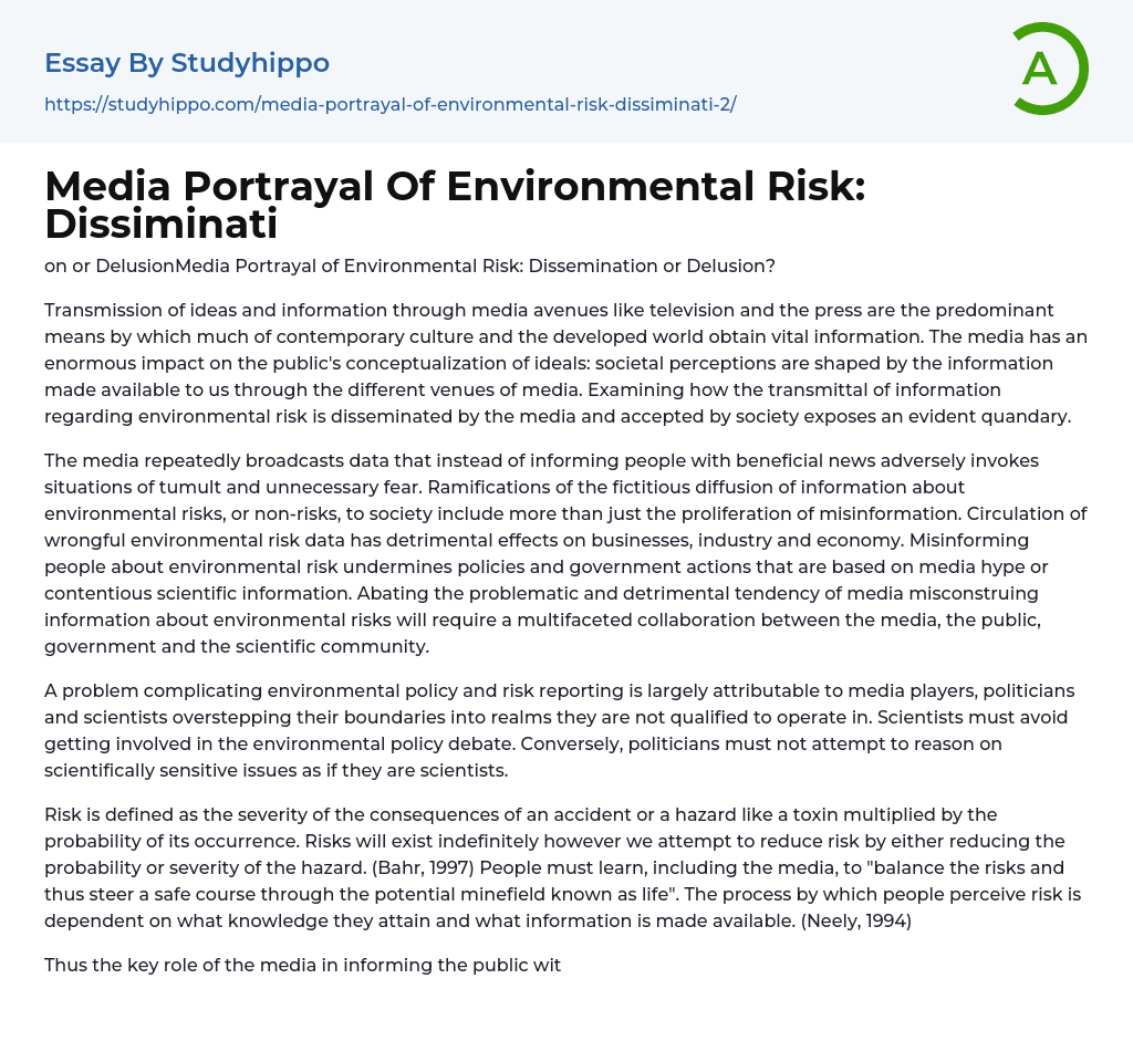 Media Portrayal Of Environmental Risk: Dissiminati Essay Example