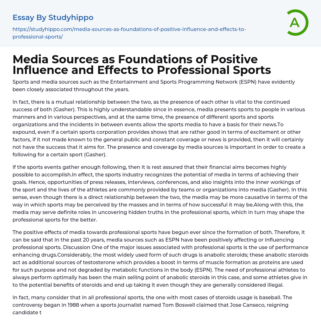 Media Sources as Foundations of Positive Influence and Effects to Professional Sports Essay Example