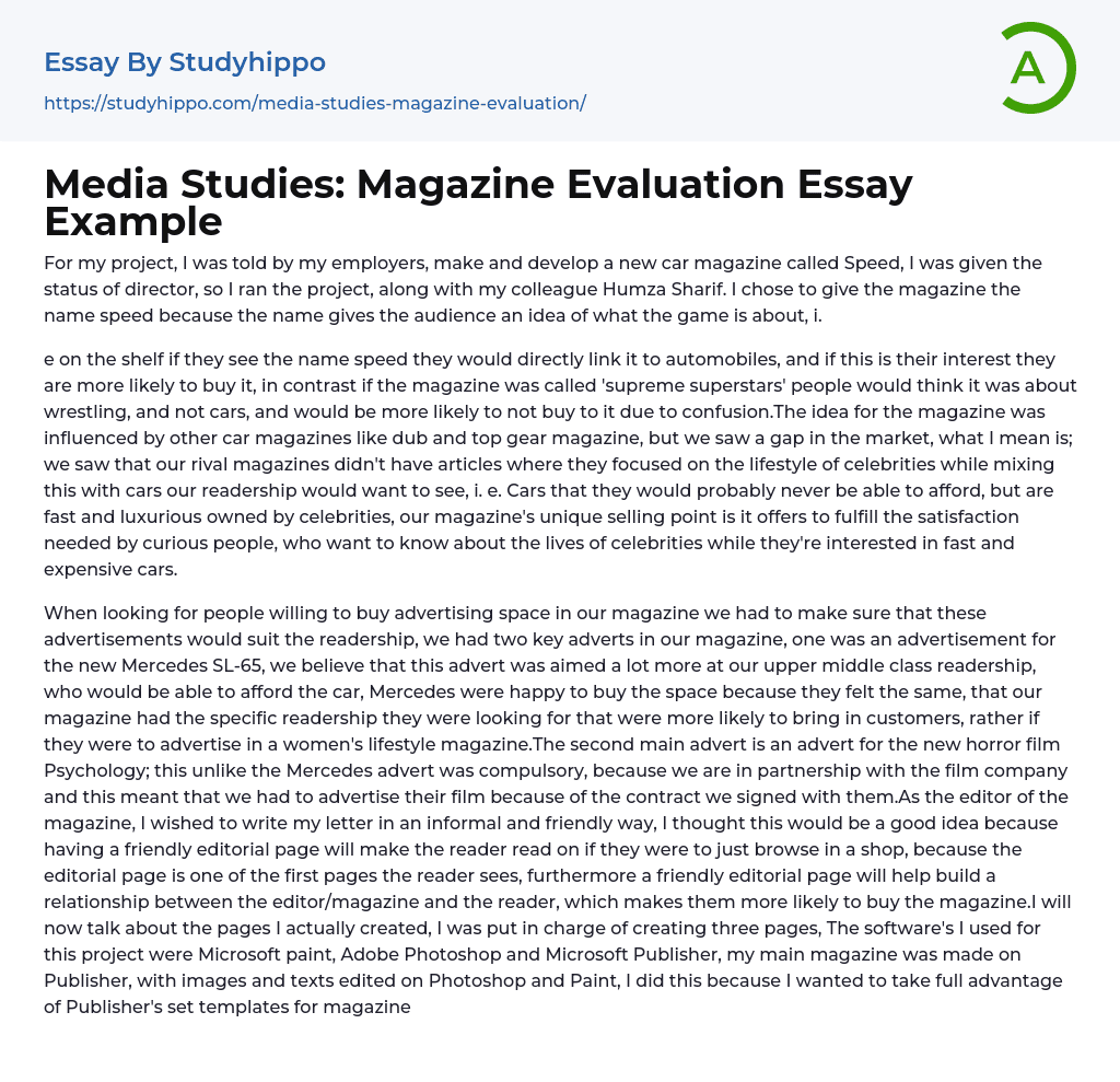 Media Studies: Magazine Evaluation Essay Example