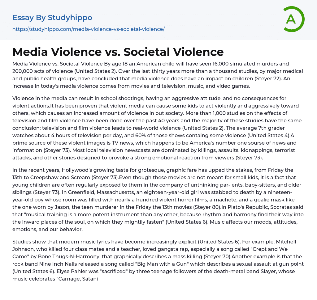 Media Violence vs. Societal Violence Essay Example