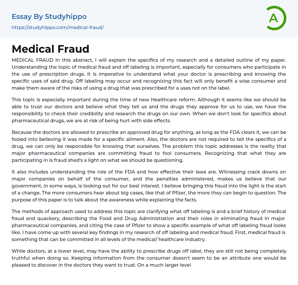 Medical Fraud Essay Example