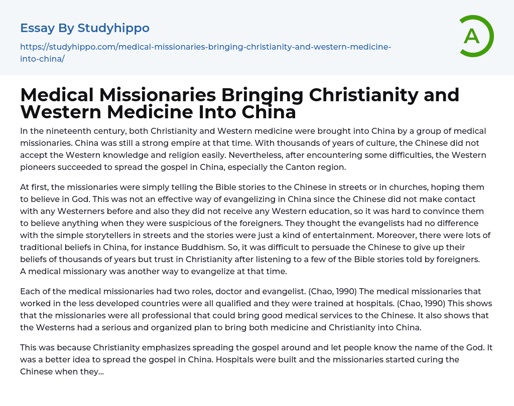 Medical Missionaries Bringing Christianity and Western Medicine Into China Essay Example