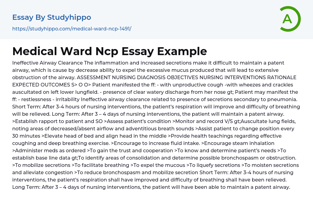 Medical Ward Ncp Essay Example