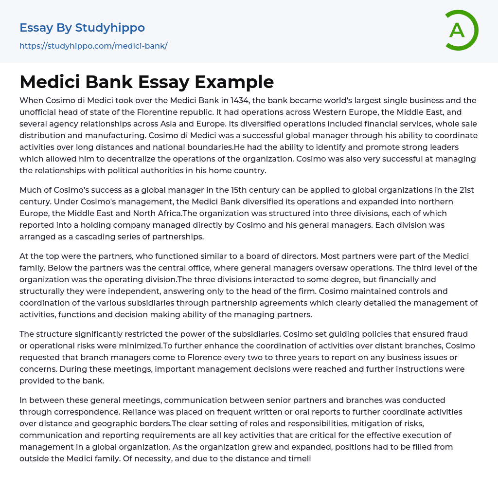 Medici Bank Essay Example