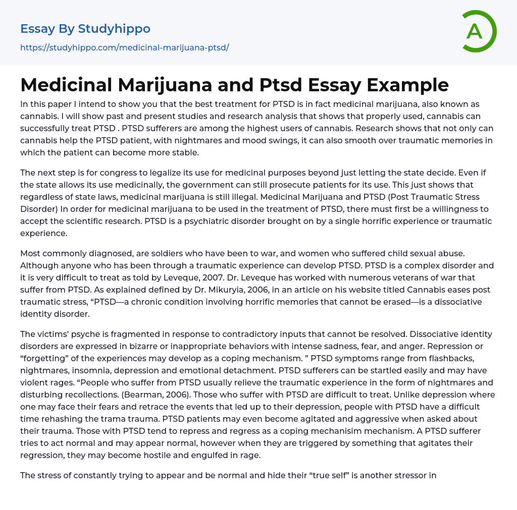 Medicinal Marijuana and Ptsd Essay Example